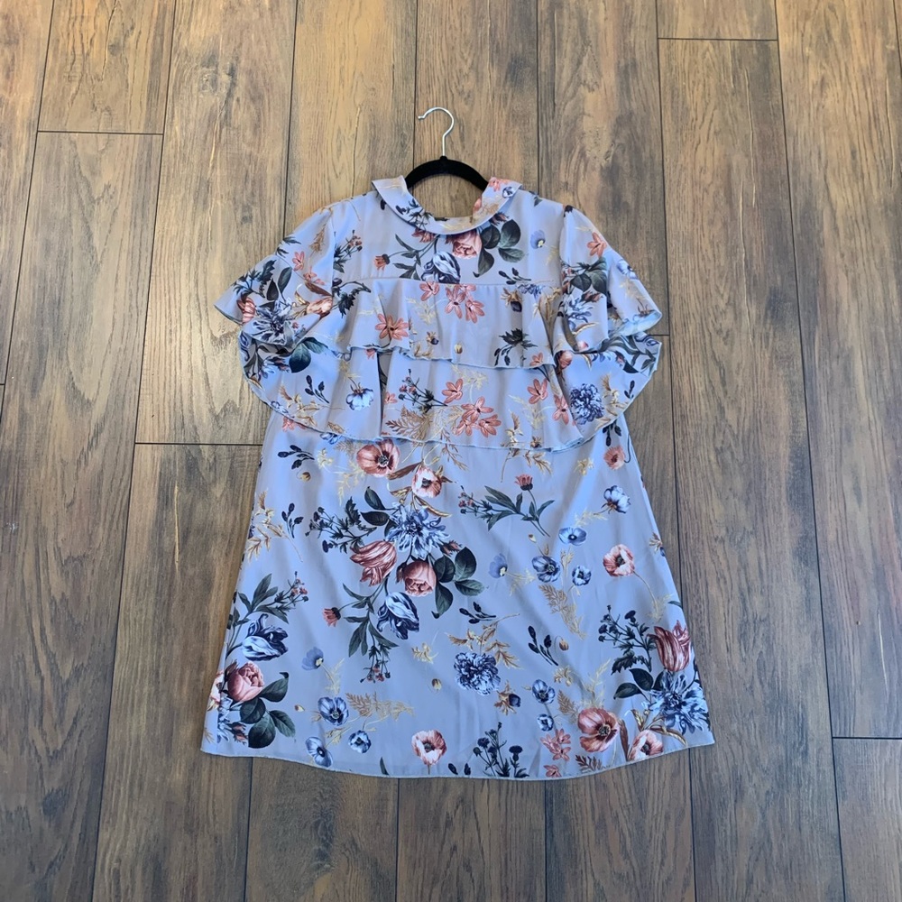 ASOS Purple Floral Dress with Ruffle and Mockneck